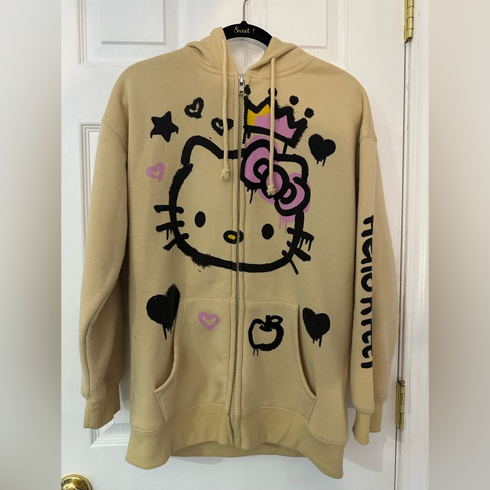 Hello Kitty Beige Hoodie with Pink and Black Accents (S)
